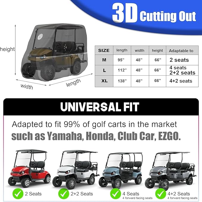 Waterproof Golf Cart Cover, Heavy Duty Marine Grade Fabric, Universal Fits for Most Brand 2/2+2/4+2 Passengers Yamaha, Honda, Club Car, EZGO Golf Cart