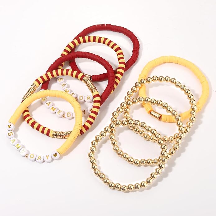 NLCAC 9 Pack Game Day Bracelets Stackable Heishi Beaded Stretchy Bracelet Preppy Jewelry Baseball Football Team Bracelets Sports Fan Accessories Gifts