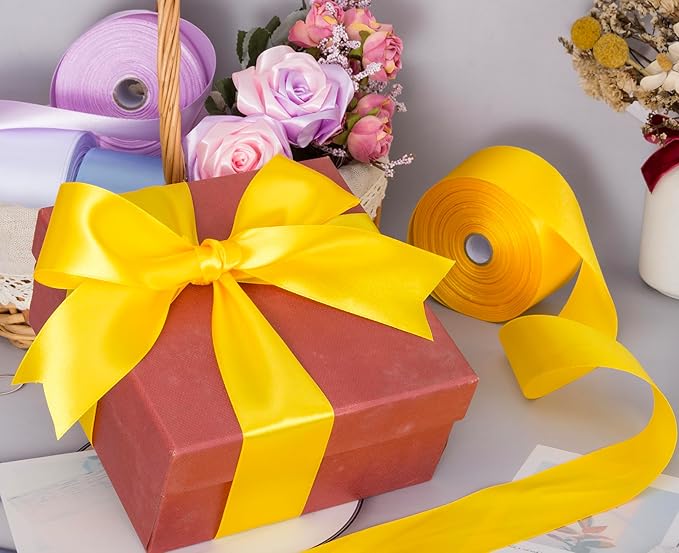 2 Inch Yellow Solid Satin Ribbon, 50 Yards Craft Fabric Ribbon - Image 5
