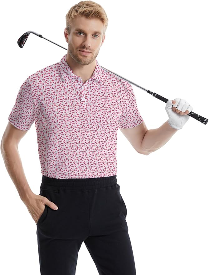HUURAY Funny Golf Polos for Men Funny Print Short Sleeve Shirts Quick Dry Polo Shirts Hawaiian Shirt Performance Golf Outfits