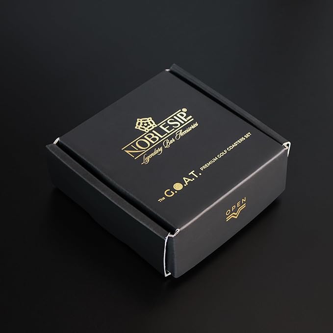 NOBLESIP® Golf Theme Coaster Set of 6 with Holder, Premium Black with Gold Designs, Bar Accessories for Golf Enthusiasts. Unique Decorative Designs. Home bar Gift, Golfer Gift