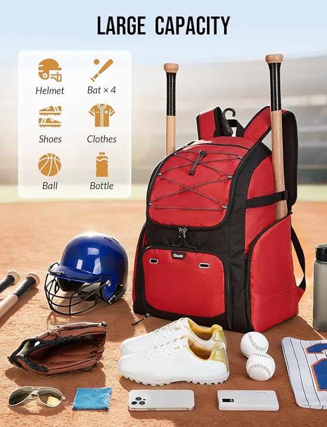 Baseball Backpack for Adult Large Capacity Softball Bat Bag with Shoe Compartment & Wet Pocket Baseball Bag with Fence Hook for 4 Bats & Equipment