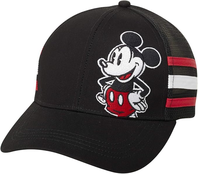 Disney Mickey Mouse Trucker Hat, Striped Snapback Baseball Cap for Men, Black, One Size