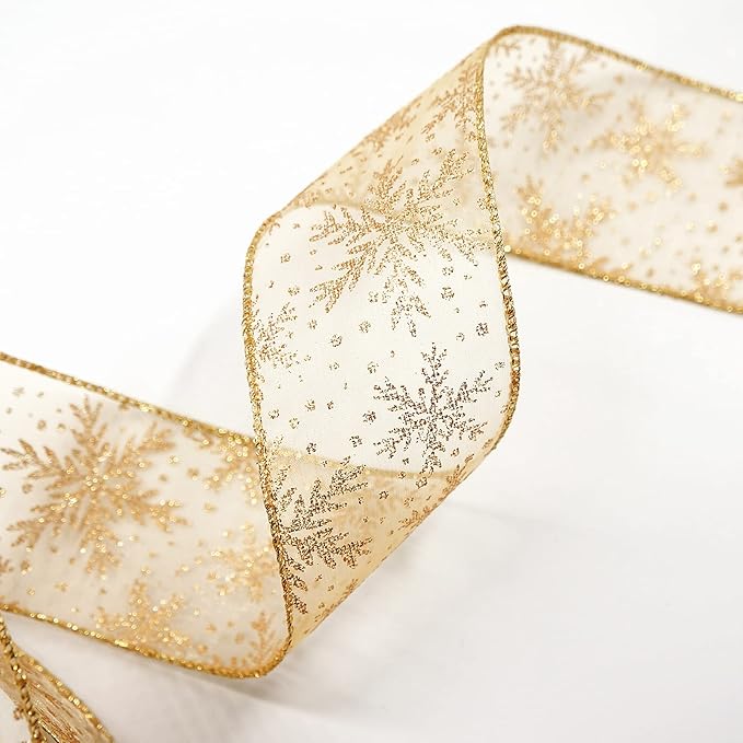 CT CRAFT LLC Organza with Gold Glitter Snowflakes Wired Ribbon 2.5 inch x 50 - Image 4