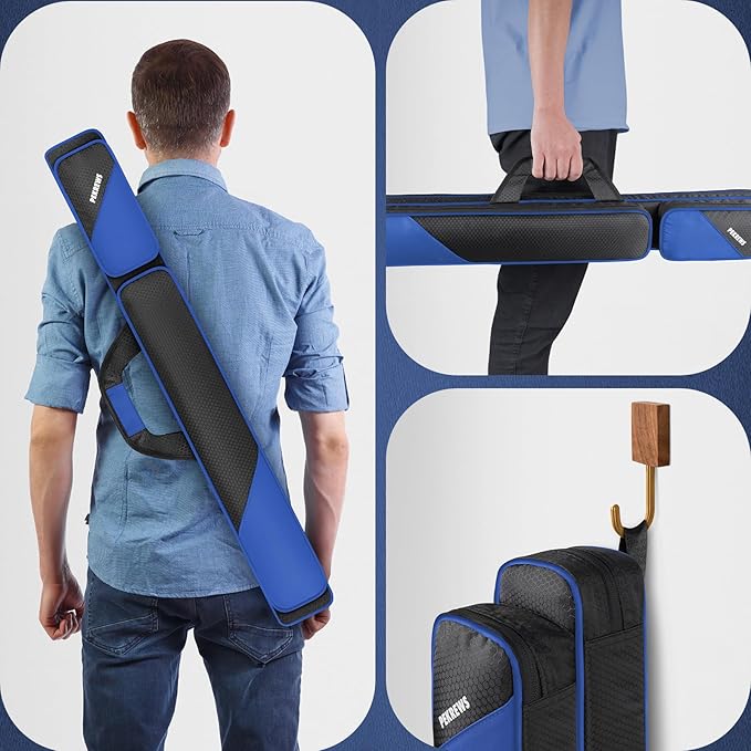 PEKREWS Pool Cue Case, Pool Stick Case 2x2 Holds 2 Sticks with 2 Accessory Zipper Pockets, Sturdy Polyester Pool Cue Carry Bag with Shoulder Strap Handle, Soft Billiard Cue Sling Bag for Men and Women