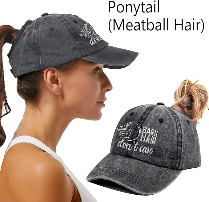 Barn Hair Don't Care Ponytail Hat, Embroidered Adjustable Cotton Baseball Cap, Horse Lovers Gifts for Girls Women