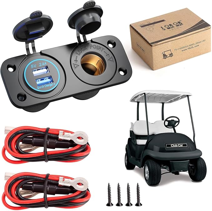 10L0L Golf Cart Cigarette Lighter Outlet & Quick Charge 3.0 DC 12V Input Waterproof USB Charger Power Socket Adapter Dual USB Ports Panel Universal for EZGO Club Car Yamaha Golf Cart Models