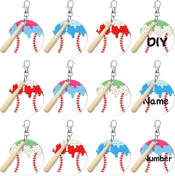 Cunno 12 Sets Baseball Ice Cream Drip Acrylic Keychain Blank DIY Kit Bulk Baseball Ice Cream Theme 3 Inch Acrylic Keyring with Swivel Snap Hook Keychain for Team Gifts Sport Party Favors