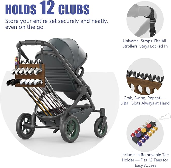Golf Stroller Attachment – Universal Golf Club Holder for Strollers, Acacia Wood, 12 Slots, 5 Ball Holders & Removable Tee Case – Portable, Easy Setup, Gift for Golf-Loving Parents