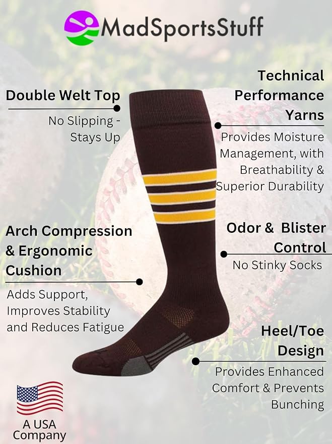 MadSportsStuff Softball Socks Baseball Socks | White & Team Colors | USA Made | Sizes for Girls, Youth Boys, Men & Women