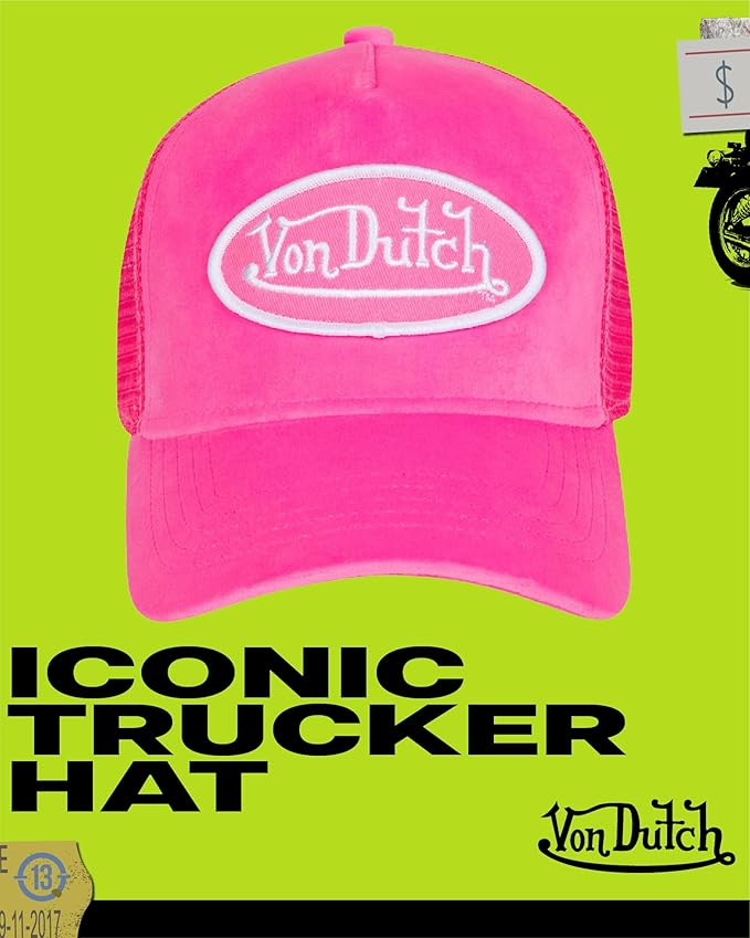 Von Dutch Unisex Trucker Hat - Velvet Curved Bill Mesh Back Retro Classic Adjustable Snapback Baseball Cap for Men and Women