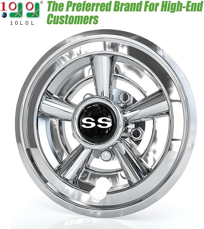 10L0L Golf Cart SS Wheel Covers Hub Caps for EZGO, Club Car, Yamaha - 8 Inch Snap-on Installation, Chrome, Set of 4