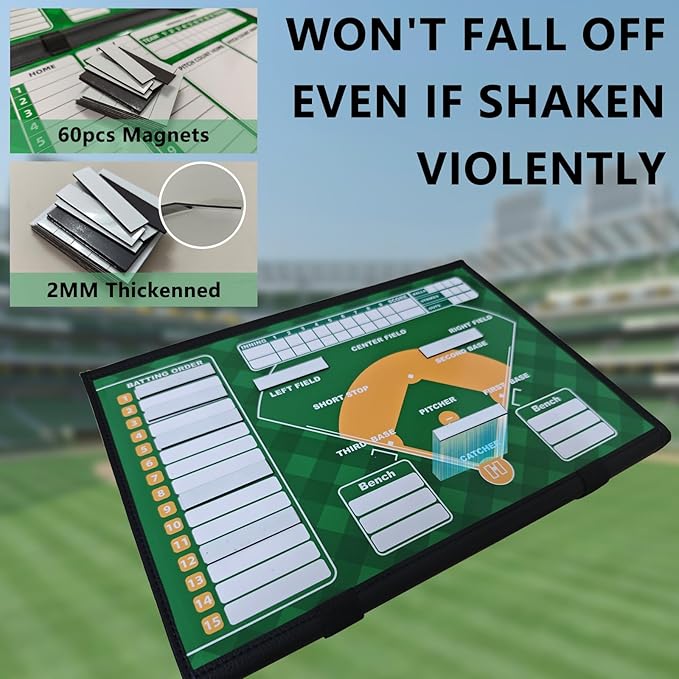 Magnetic Baseball Lineup Board for Dugout, 60 Magnets Coaching Clipboard with Dry Erase & Waterproof Bag – Dugout Organizer for Youth Baseball & Softball Coaches
