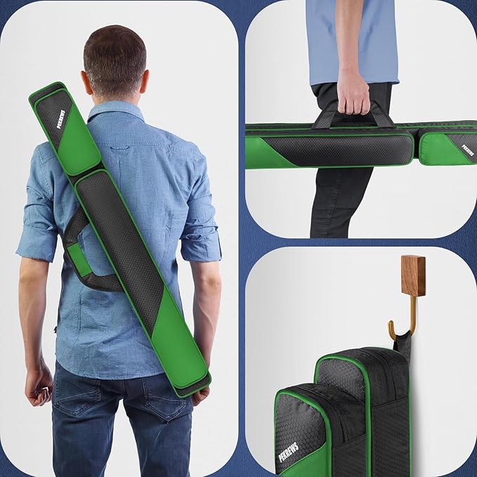 PEKREWS Pool Cue Case, Pool Stick Case 2x2 Holds 2 Sticks with 2 Accessory Zipper Pockets, Sturdy Polyester Pool Cue Carry Bag with Shoulder Strap Handle, Soft Billiard Cue Sling Bag for Men and Women