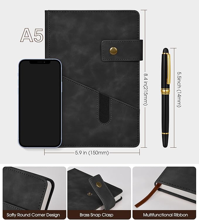 Black A5 Lined Leather Journal Notebook - Image 2