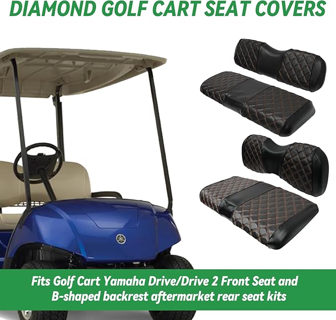 XUANYUDG0769 Golf Cart Seat Covers for Yamaha Drive/Drive 2 - Front and Rear, OEM Ordinary Front and Aftermarket Common Rear Seat Kits, No Stapler Vinyl Leather Diamond