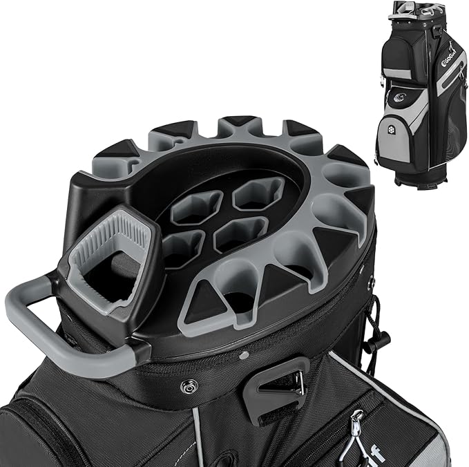 Tangkula Golf Cart Bag with 14-Way Full Length Dividers, 6 Molded Lock Top Golf Club Bag with 11 Pockets, Cooler Bag, Padded Strap, Handles, Umbrella Holder & Rain Hood
