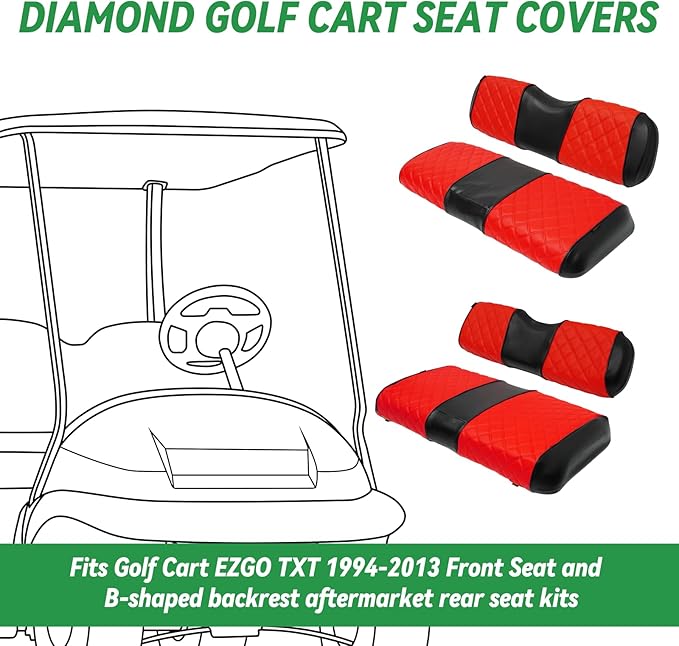XUANYUDG0769 Golf Cart Front and Rear Seat Covers for EZGO TXT 1994-2013 OEM Ordinary Front Seat and Aftermarket Common Rear Seat Kits, No Stapler Vinyl Leather Diamond EZGO TXT Seat Covers