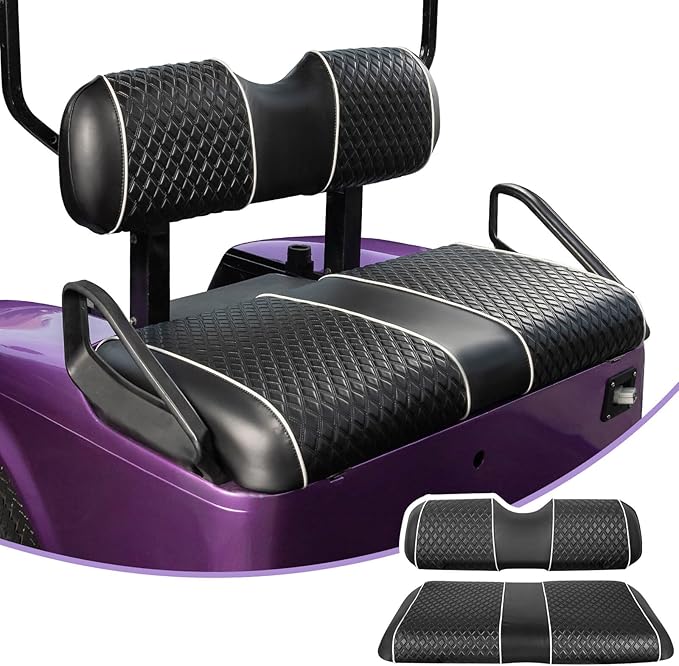 NOKINS Golf Cart Seat Covers Fit for EZGO TXT 1994-2013/EZGO RXV OEM Standard Front Seat Cushion, Backrest Vinyl Leather Litte Diamond Seat Covers, No Stapler Required (Black&White Piping)