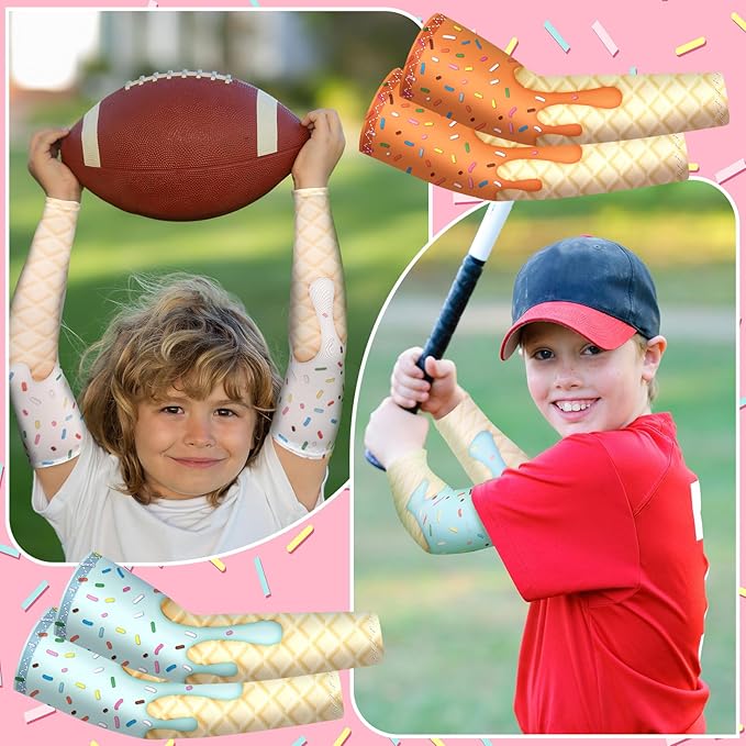 JaGely 16 Pairs Ice Cream Arm Sleeves for Kids UV Sun Protection Football Basketball Baseball Compression Long Sleeves Youth