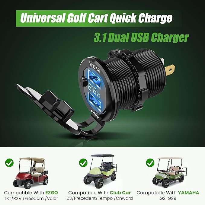 USB Ports 2 in 1 Dual Outputs & LED Display Voltage Meter Universal for Club Car, EZGO & Yamaha, Quick Charge 3.1A,Metal Shell Safe Charging Socket 9V-48V Voltage Input