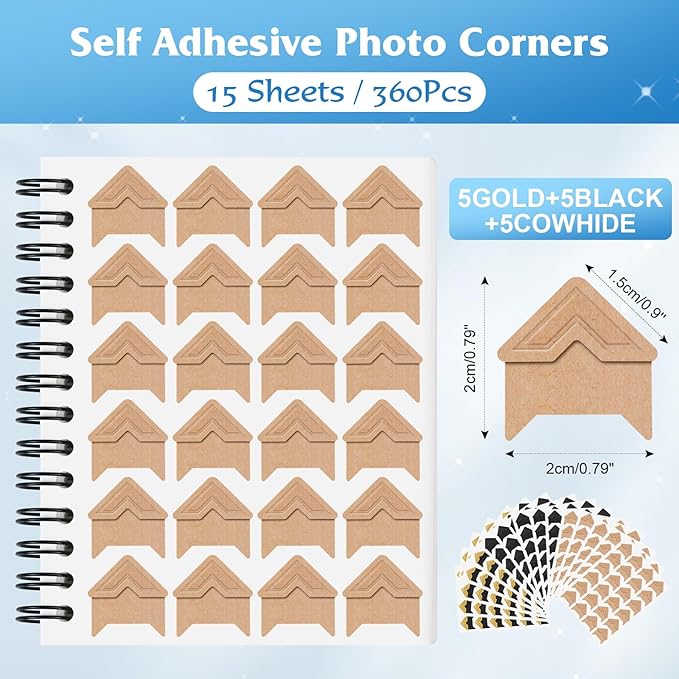 15 Sheets 360 PCS Gold-Black-Cowhide Acid-Free Photo Corners Notebook, - Image 2