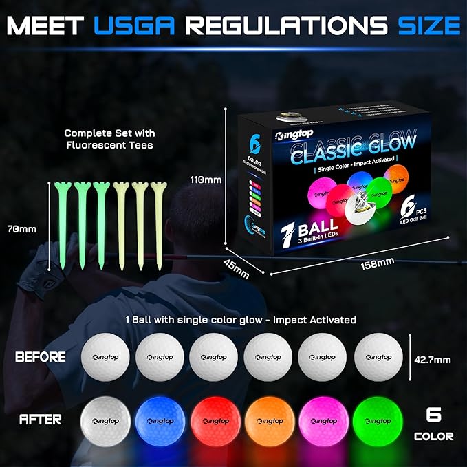 KINGTOP Upgraded Glow in The Dark Golf Balls - Super Bright Light Up LED Golf Ball - with Glow Golf Tees and Storage Bag - Fun Night Golfing Gift for Men and Women | Backyard Putting Greens