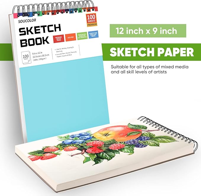 Drawing Set Sketching Kit, Pro Art Supplies, Soucolor 9" x 12" Sketch Book - Image 6