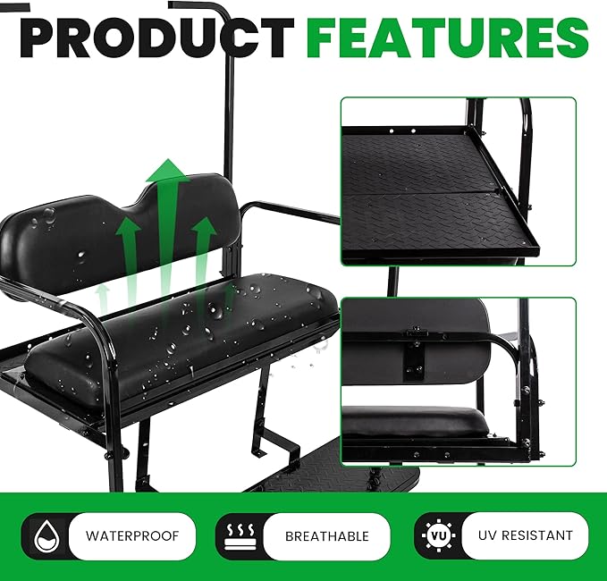 ECOTRIC Golf Cart Folding Rear Seat Kit W/Grab Bar Compatible with 1994.5-Up EZGO TXT Models Back Flip Seat Black