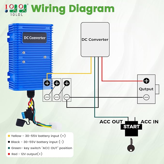 Universal Golf Cart Voltage Reducer DC Converter 36V or 48V to 12V 30 A 360W for EZGO Club Car Yamaha Golf Carts, with Power Cables