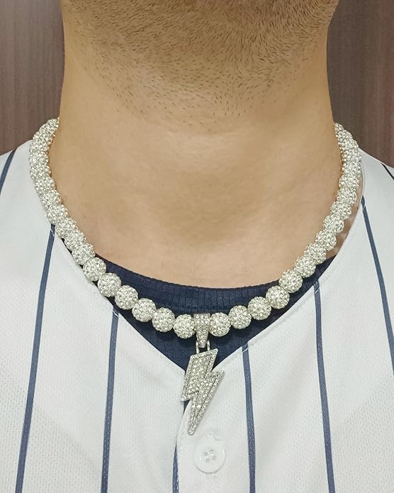 Baseball Necklace for Men 16/18/20 Inch Bling Ice Collection Lightning Bolt Pendant Necklace for Women Rhinestone Clay Beaded Discoball Accessories Gifts for Baseball Team Players Lovers
