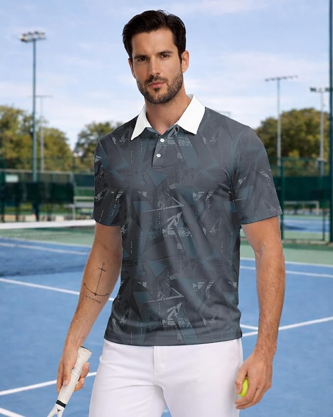 KUYIGO Mens Polo Shirt Quick Dry Moisture Wicking UPF 40+ Performance Printed Short Sleeve Summer Tennis Golf Shirt