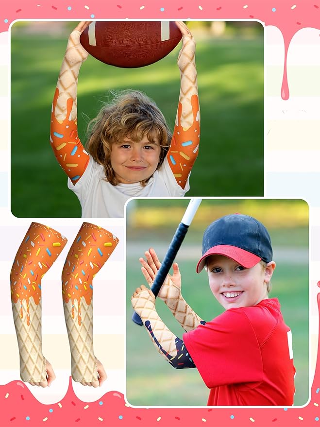 JaGely 16 Pairs Ice Cream Arm Sleeves for Kids UV Sun Protection Football Basketball Baseball Compression Long Sleeves Youth