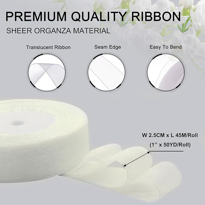 White Ribbon for Gifts Wrapping, 1 inch 50Yard Sheer Organza Ribbon, Gift Wrap - Image 2