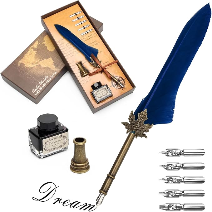 AHIER Quill Pen and Ink Set, Feather Pen Quill Pen Set Includes 5 Steel by Ahier