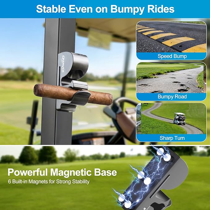 Magnetic Golf Cart Holder Clip with Adjustable Strap, Secure Golf Accessory for Cart, Aluminum Design Fits 30-70 Ring Gauge, Stable Holder for Golf Course Use
