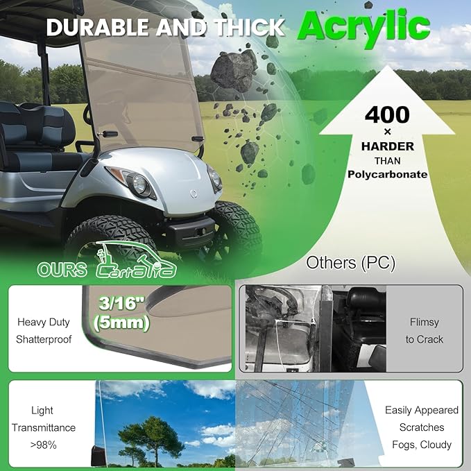 Golf Cart Foldable Windshield 3/16" (5MM) Thicken Only Fits 2007-2016 Yamaha G29/Drive, Fits 1"×1" Struts Rail Front Folding Acrylic Windshield Replacement, Included Mounting Hardware