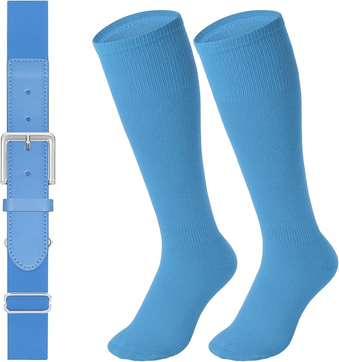 LEACOOLKEY Baseball Belt and Socks Combo Set Adjustable Softball Socks and Elastic Belt for Youth and Adult