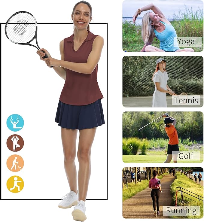 LastFor1 Women's Sleeveless Polo Golf Shirts Quick Dry 50+ UV Protection V-Neck with Collar Lightweight Tennis Tank Tops