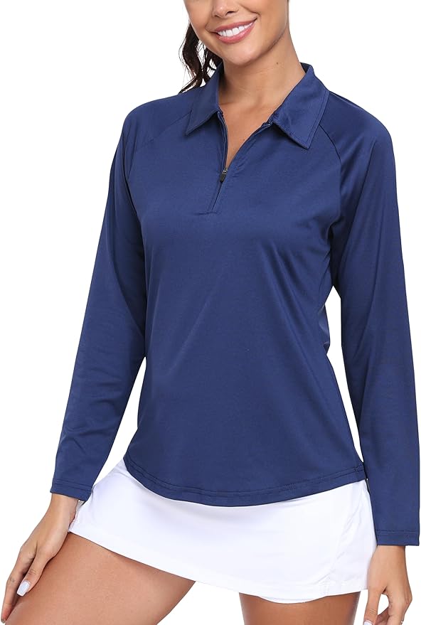 MoFiz Women's Golf Polo Shirt Long Sleeve Collared 1/4 Zip Stretch Soft Athletic Tops for Tennis Hiking & Outdoor Sports