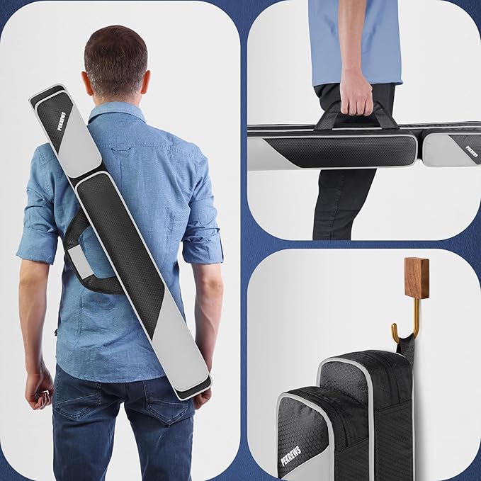 PEKREWS Pool Cue Case, Pool Stick Case 2x2 Holds 2 Sticks with 2 Accessory Zipper Pockets, Sturdy Polyester Pool Cue Carry Bag with Shoulder Strap Handle, Soft Billiard Cue Sling Bag for Men and Women