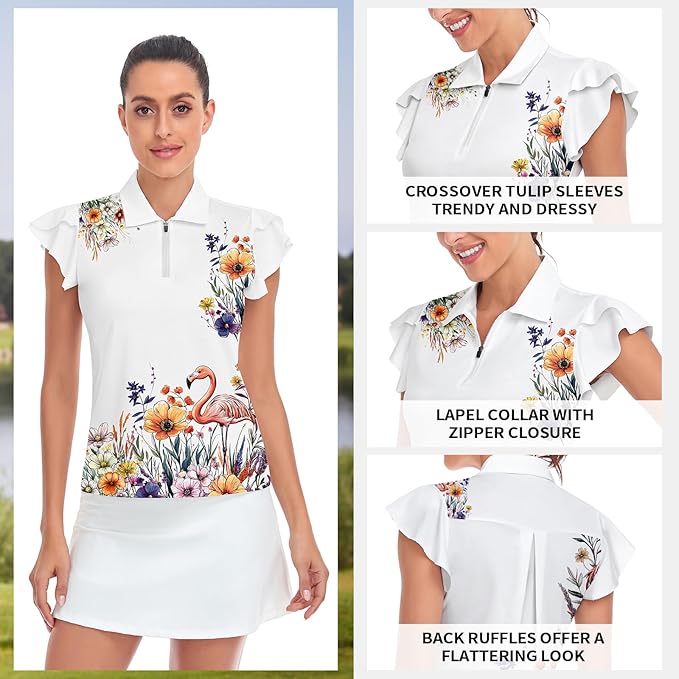 Soneven Womens Petal Sleeve Golf Shirts Moisture Wicking Lady Golf Apparel Print Tennis Sport T Shirt