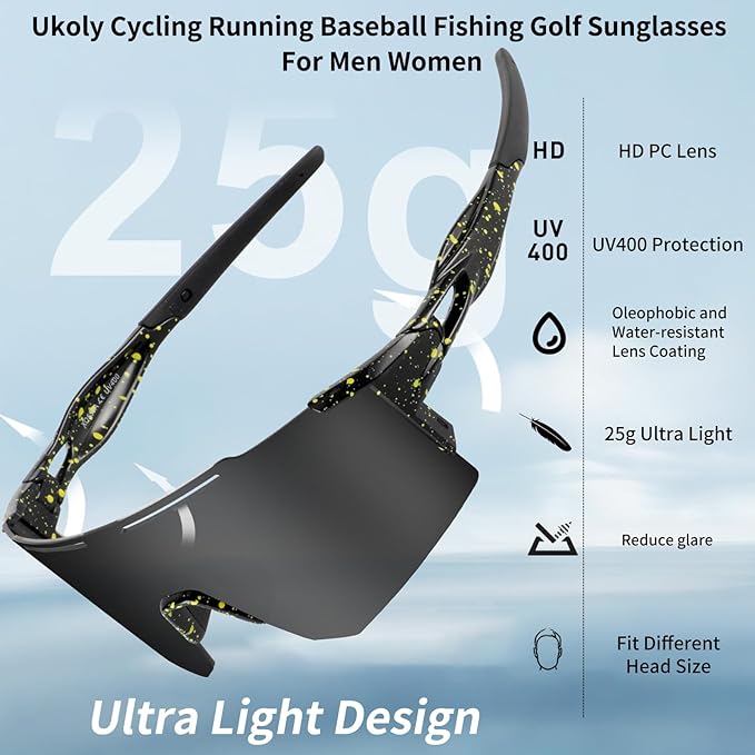 Ukoly Cycling Sunglasses for Men Women with 3 Interchangeable Lenses, Polarized Sports Sunglasses, Baseball Sunglasses