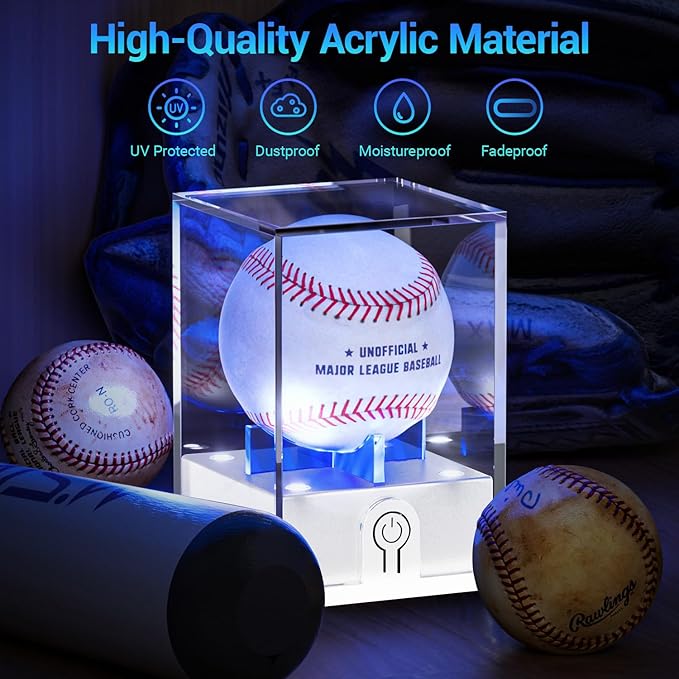 Leshein Acrylic Baseball Display Case with LED Light, UV Protected Holder for Memorabilia