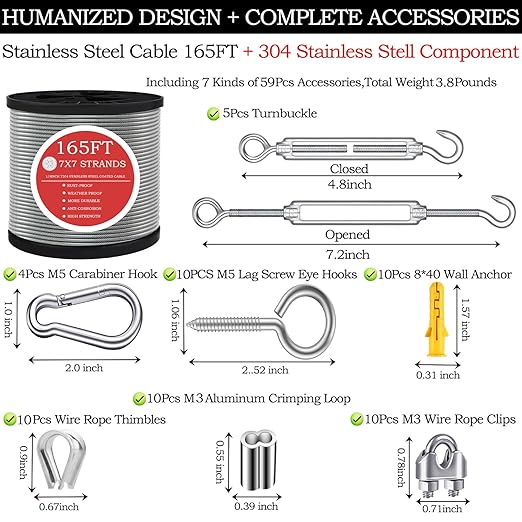 165FT Steel Cable Kit | M5 Turnbuckle & 1/8" Stainless Steel Wire Rope - Image 2