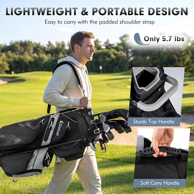 Tangkula Golf Cart Bag with 14-Way Full Length Dividers, 6 Molded Lock Top Golf Club Bag with 11 Pockets, Cooler Bag, Padded Strap, Handles, Umbrella Holder & Rain Hood