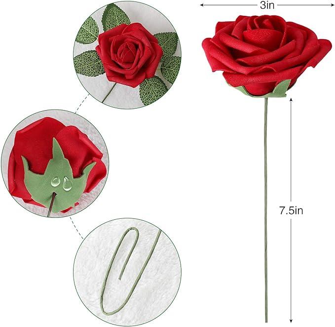 AmyHomie Artificial Flower Dark Red Rose 25pcs Real Looking Fake Roses w/Stem - Image 3
