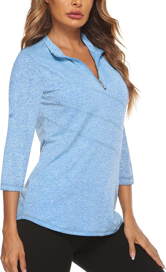 Koscacy Women's 3/4 Roll Sleeve Golf Tennis Polo Shirts UPF50+ Half Zip Dry Fit Workout Tops Athletic Shirt