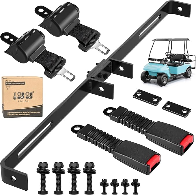 10L0L Universal Golf Cart Seat Belt Bracket Kit for 2 Passengers, Front Seat Retractable Seat Belts with Adjustable Mounting Bar, Fits EZGO TXT/RXV, Club Car DS, Yamaha Carts, Hardware Included