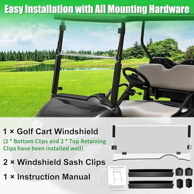 5MM Thick Upgrade PC Foldable EZGO RXV Golf Cart Windshield with Heavy Duty Hinges Only Fit for 2008-Up EZGO RXV with 1.25" Struts Rail, Anti-UV Impact Resistant Golf Cart Windshield